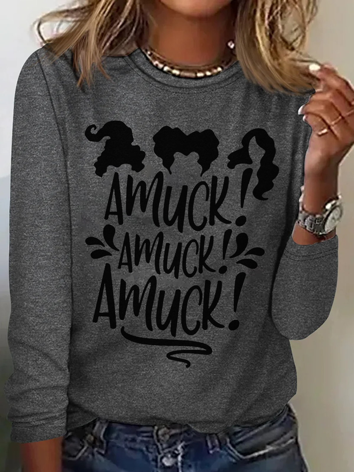 Holiday Round Neck Long Sleeve Halloween Letter Print T-Shirt