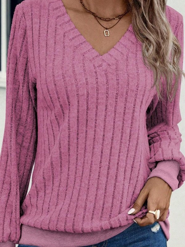 Women's Long Sleeve T-shirt Spring/Fall White Plain Split Joint V Neck Daily Sanded pit stripes Out Vintage Top