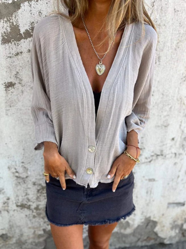 Spring And Autumn New Loose T-shirt Women's V-neck Casual Cotton Linen Cardigan