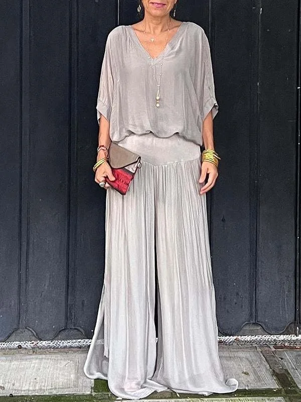 Women's Split Joint Plain Daily Going Out Two-Piece Set White Casual Summer Top With Pants Matching Set