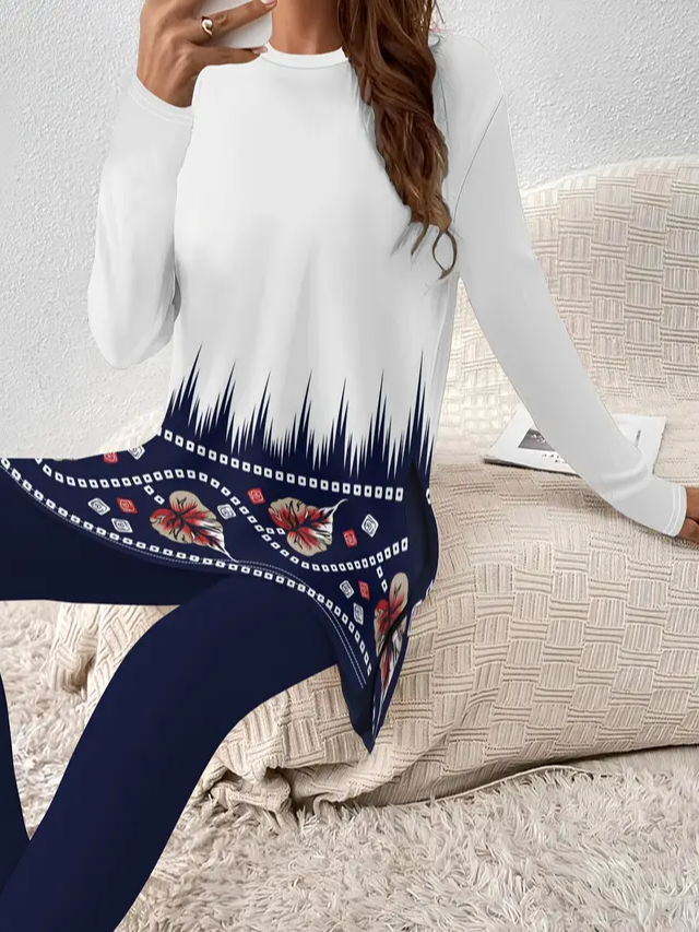 Women's Printing Floral Daily Going Out Two-Piece Set Purplish blue Casual Spring/Fall Top With Pants Matching Set