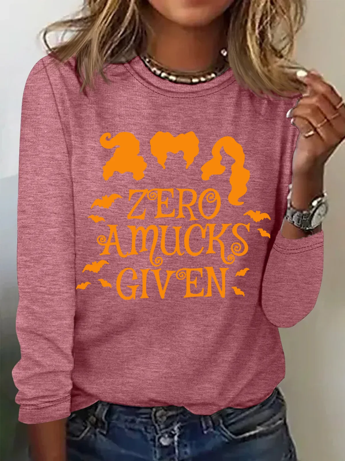 Holiday Round Neck Long Sleeve Halloween Letter Print T-Shirt