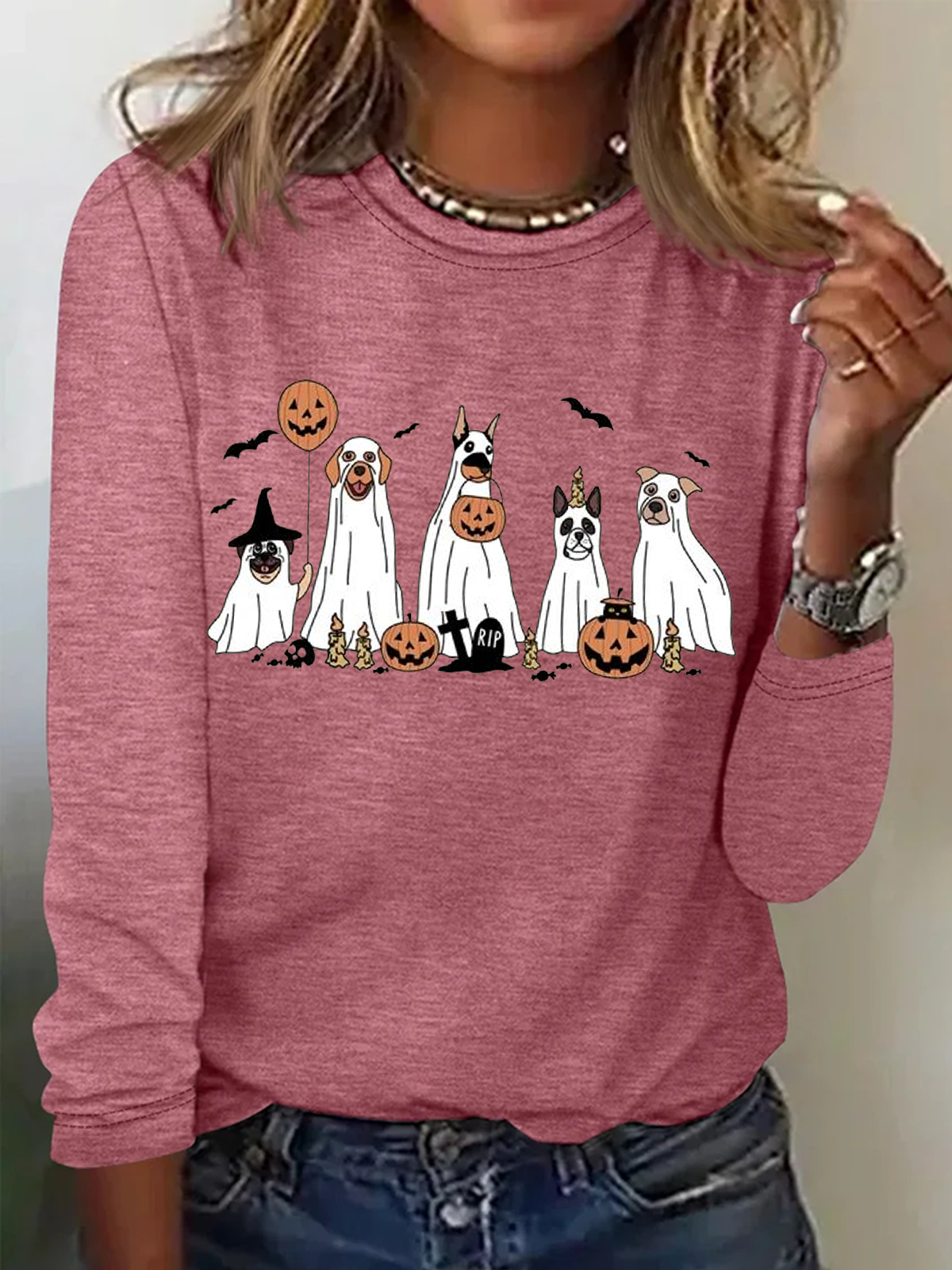 Holiday Round Neck Long Sleeve Halloween Letter Print T-Shirt