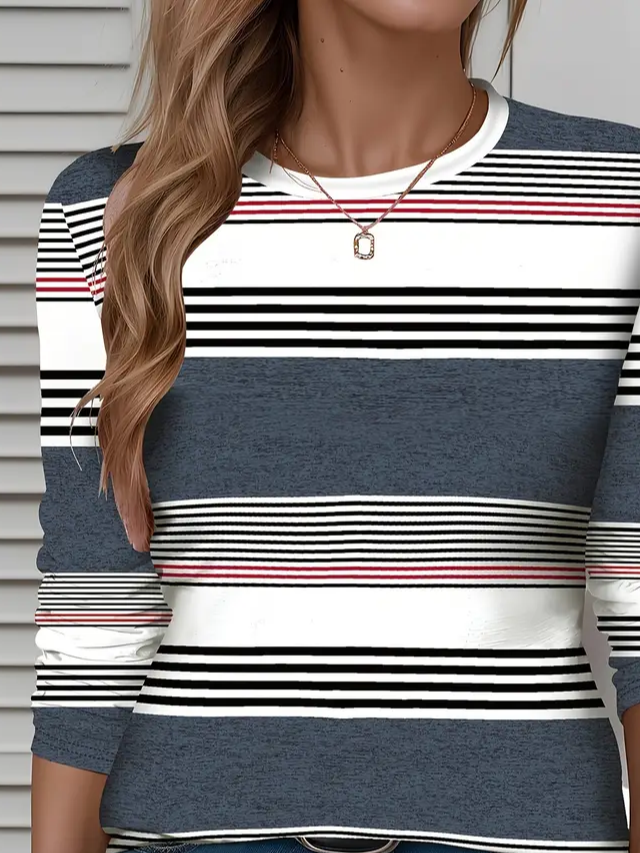 Women's Long Sleeve T-shirt Spring/Fall As Picture Striped Printing Jersey Crew Neck Daily Going Out Casual Top