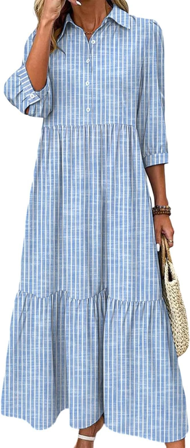Women Striped Casual Spring/Fall Micro-Elasticity Regular Fit Maxi A-Line Regular No Dresses