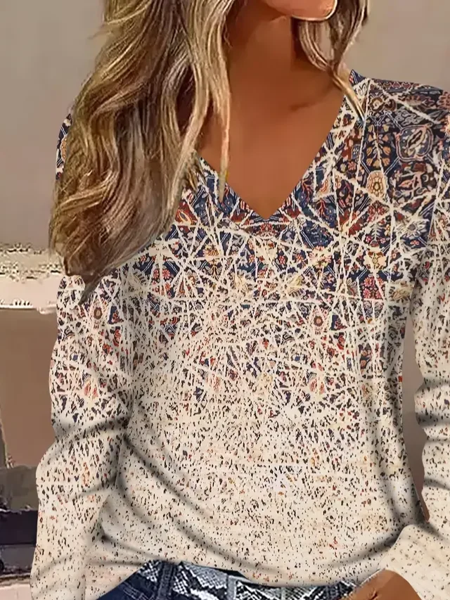 Women's Long Sleeve T-shirt Spring/Fall Khaki Abstract Printing Jersey V Neck Daily Going Out Casual Top