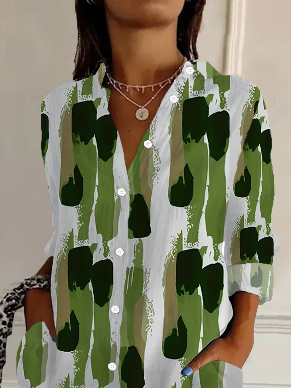 Women's Long Sleeve Shirt Spring/Fall Green Abstract Buckle Shirt Collar Regular Sleeve Daily Going Out Casual Top