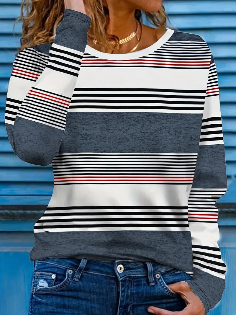 Women's Long Sleeve T-shirt Spring/Fall As Picture Striped Printing Jersey Crew Neck Daily Going Out Casual Top