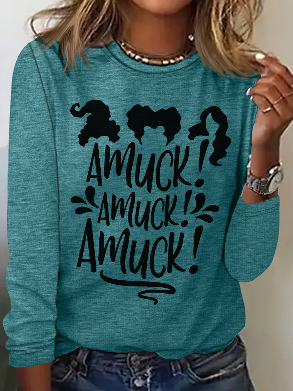 Holiday Round Neck Long Sleeve Halloween Letter Print T-Shirt