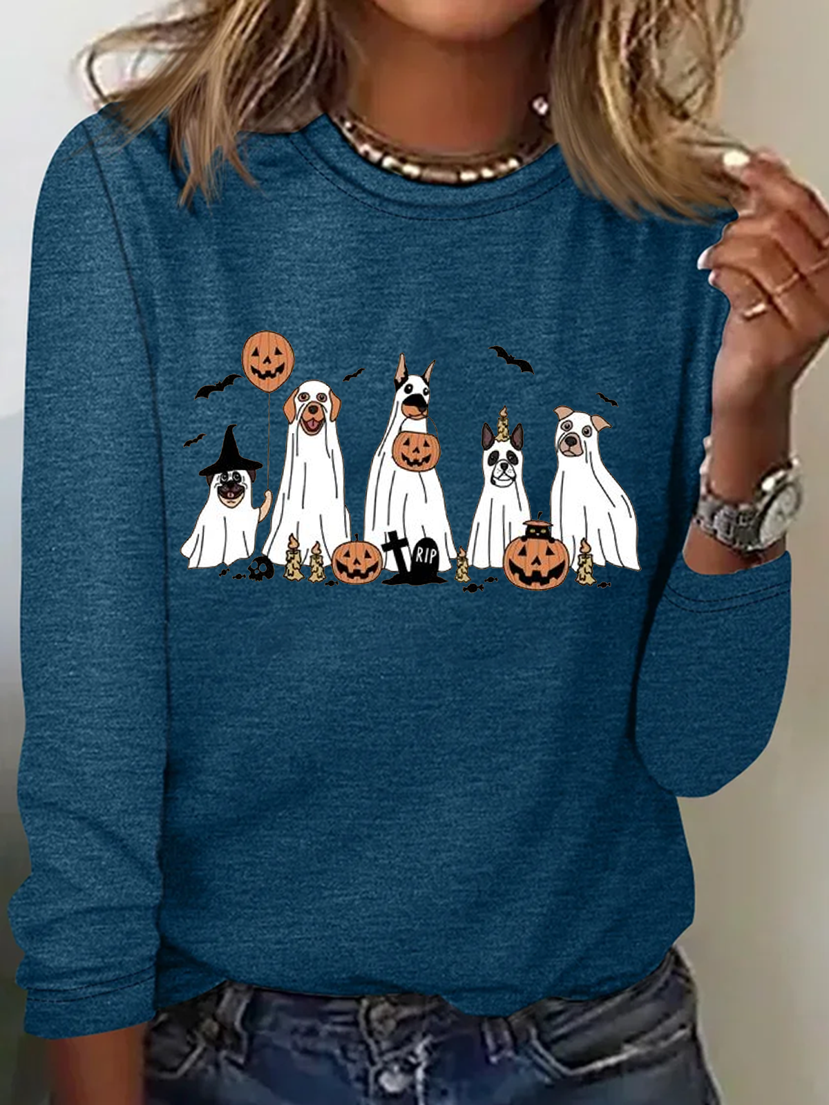 Holiday Round Neck Long Sleeve Halloween Letter Print T-Shirt