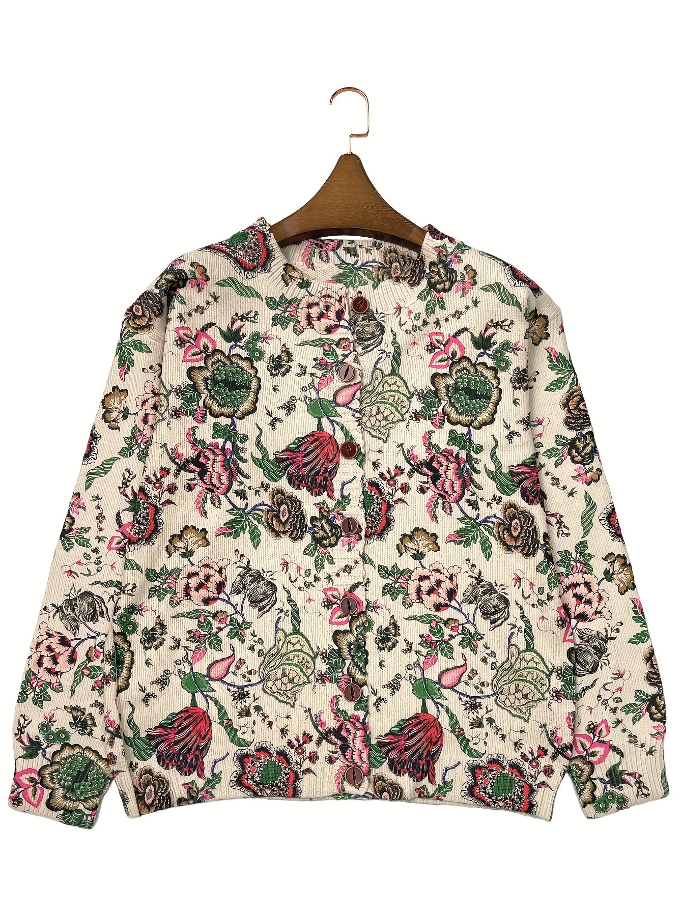 Casual Loose Crew Neck Floral Cardigan