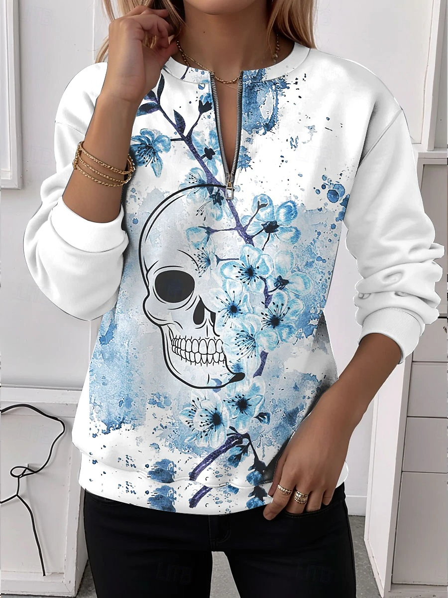 Women's Quarter Zip Floral Skull Casual Long Sleeve Crew Neck Sweatshirt