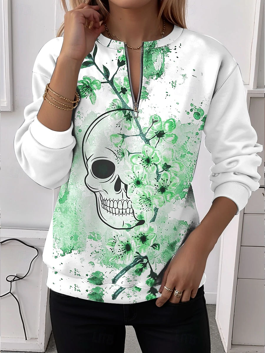 Women's Quarter Zip Floral Skull Casual Long Sleeve Crew Neck Sweatshirt