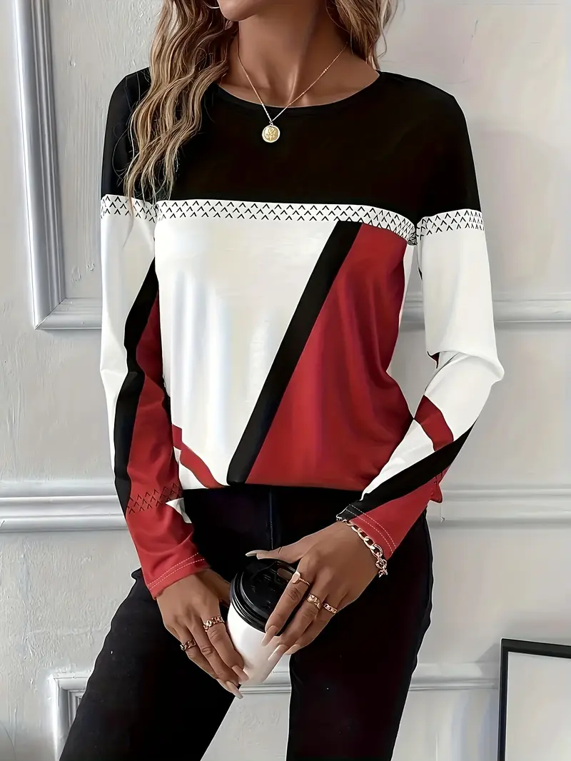 Women's Long Sleeve T-shirt Spring/Fall Red Abstract Printing Jersey Crew Neck Daily Going Out Casual Top