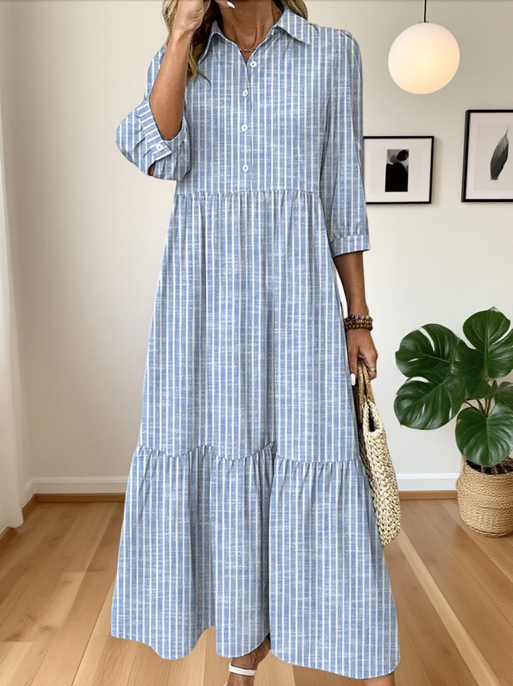 Women Striped Casual Spring/Fall Micro-Elasticity Regular Fit Maxi A-Line Regular No Dresses