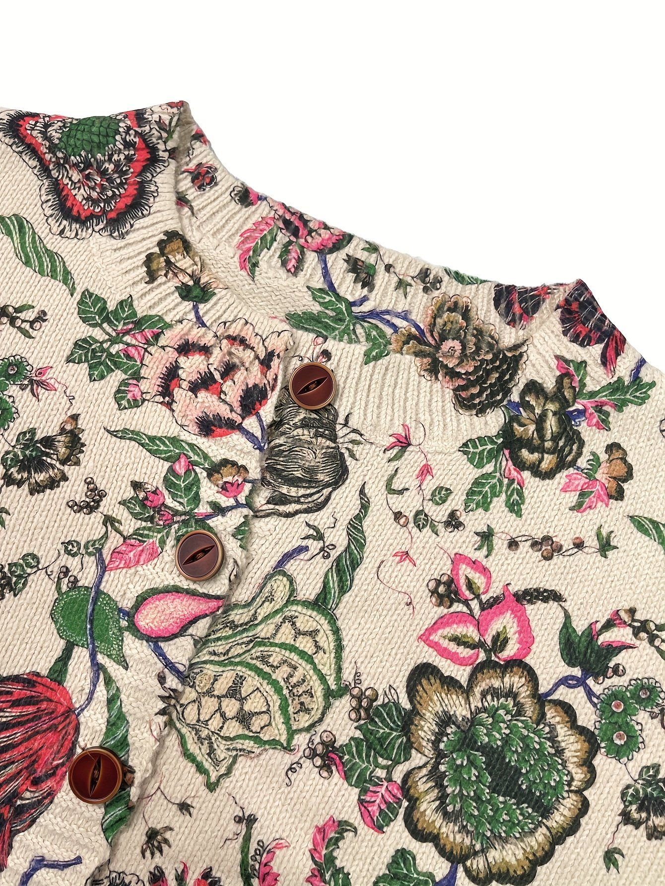 Casual Loose Crew Neck Floral Cardigan