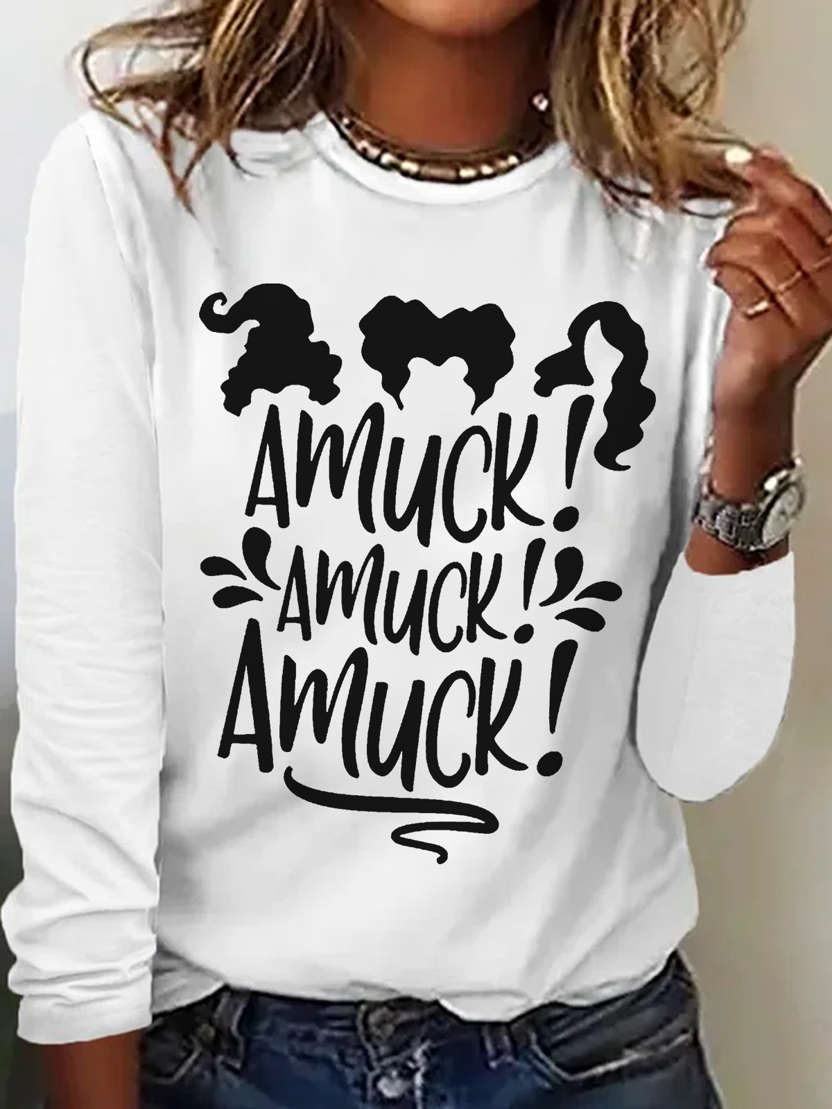 Holiday Round Neck Long Sleeve Halloween Letter Print T-Shirt