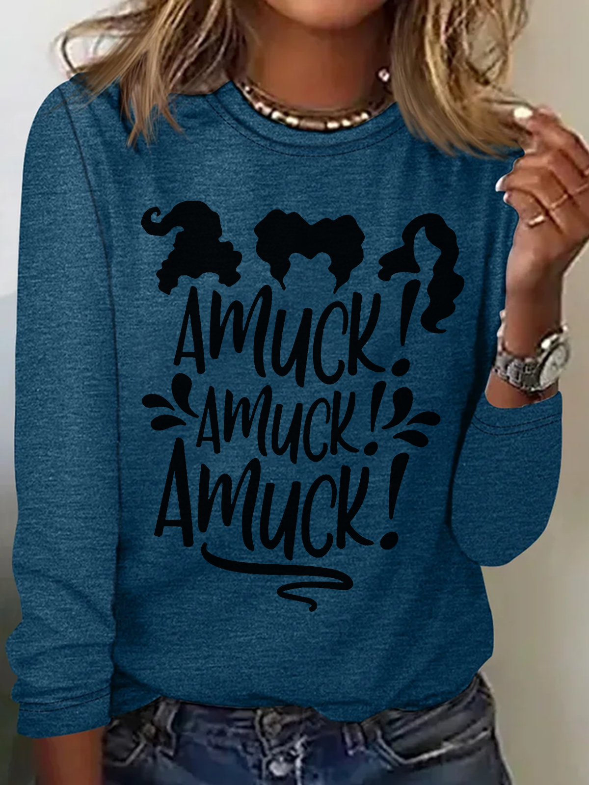 Holiday Round Neck Long Sleeve Halloween Letter Print T-Shirt