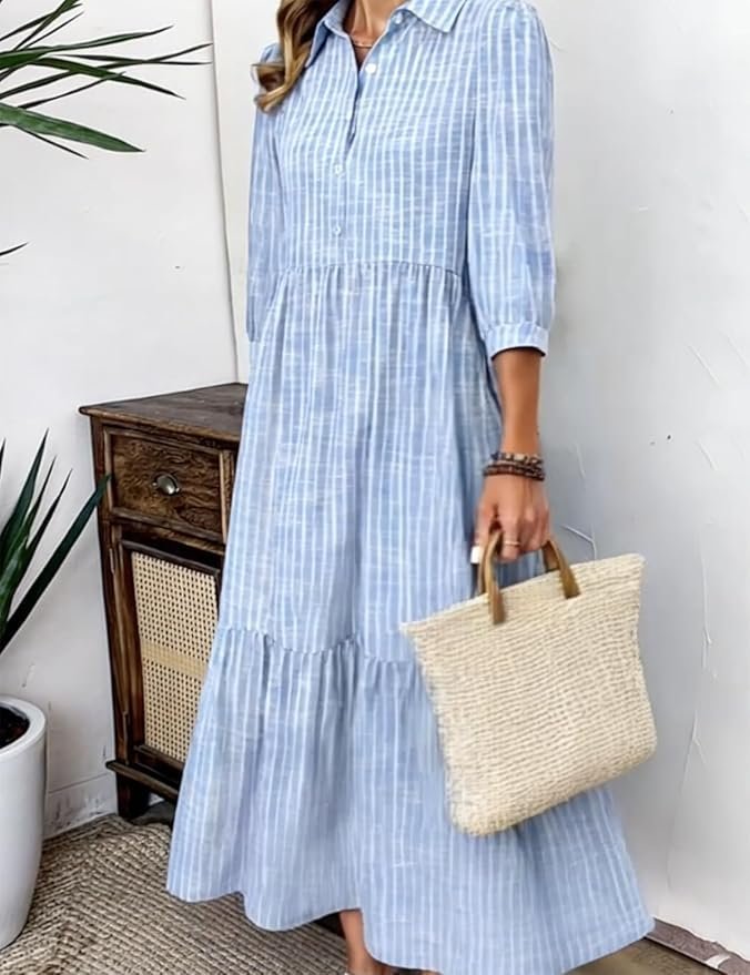 Women Striped Casual Spring/Fall Micro-Elasticity Regular Fit Maxi A-Line Regular No Dresses