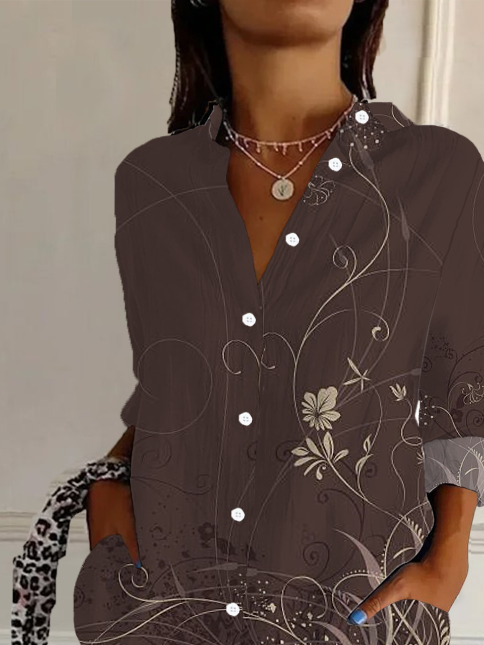 Women's Long Sleeve Shirt Spring/Fall Brown Floral Buckle Shirt Collar Regular Sleeve Daily Going Out Casual Top