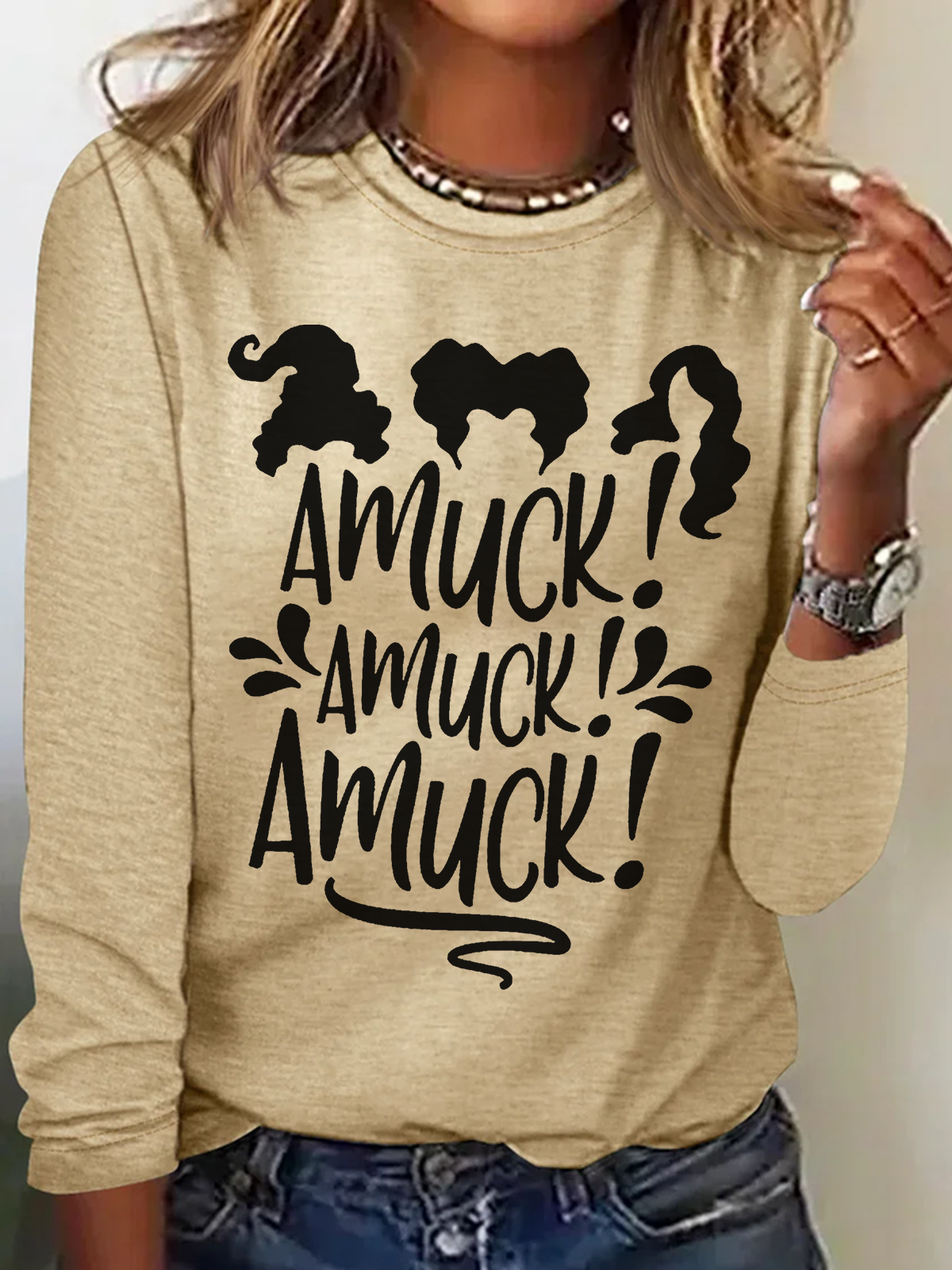 Holiday Round Neck Long Sleeve Halloween Letter Print T-Shirt