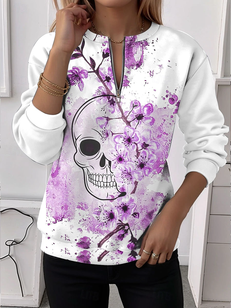 Women's Quarter Zip Floral Skull Casual Long Sleeve Crew Neck Sweatshirt