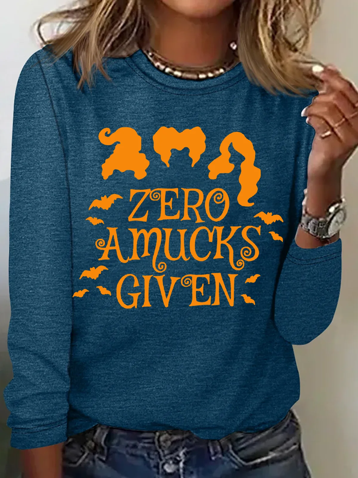Holiday Round Neck Long Sleeve Halloween Letter Print T-Shirt