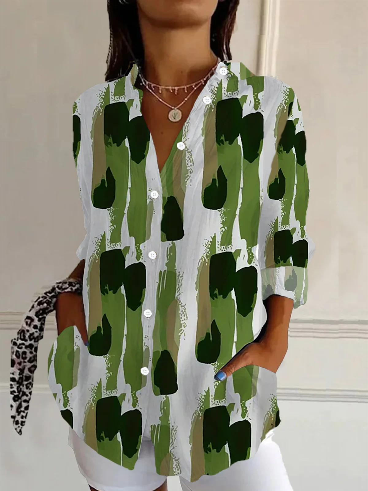 Women's Long Sleeve Shirt Spring/Fall Green Abstract Buckle Shirt Collar Regular Sleeve Daily Going Out Casual Top