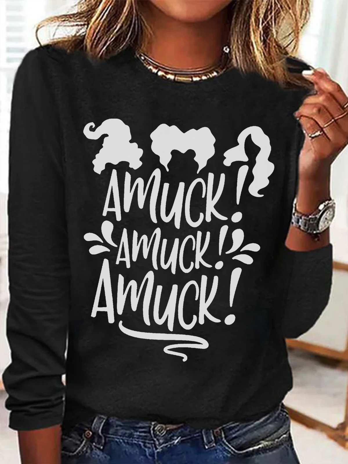 Holiday Round Neck Long Sleeve Halloween Letter Print T-Shirt