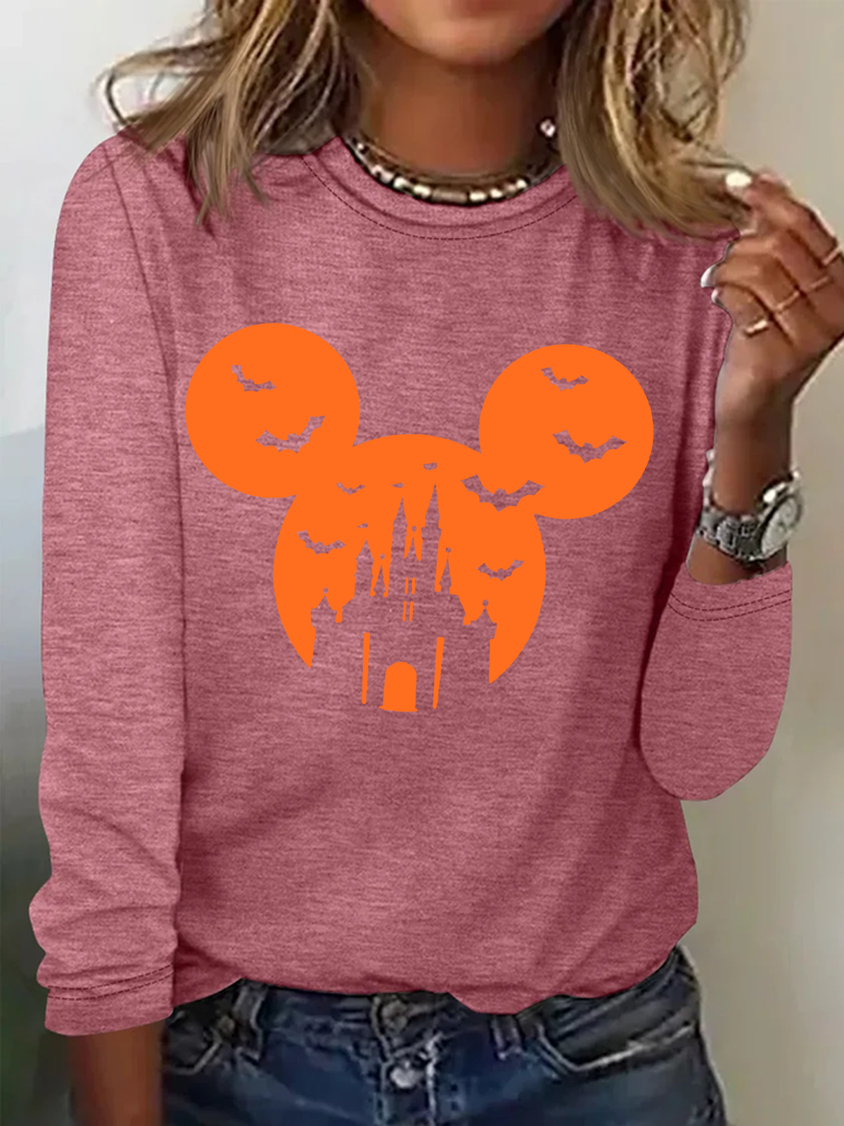 Holiday Round Neck Long Sleeve Halloween Letter Print T-Shirt