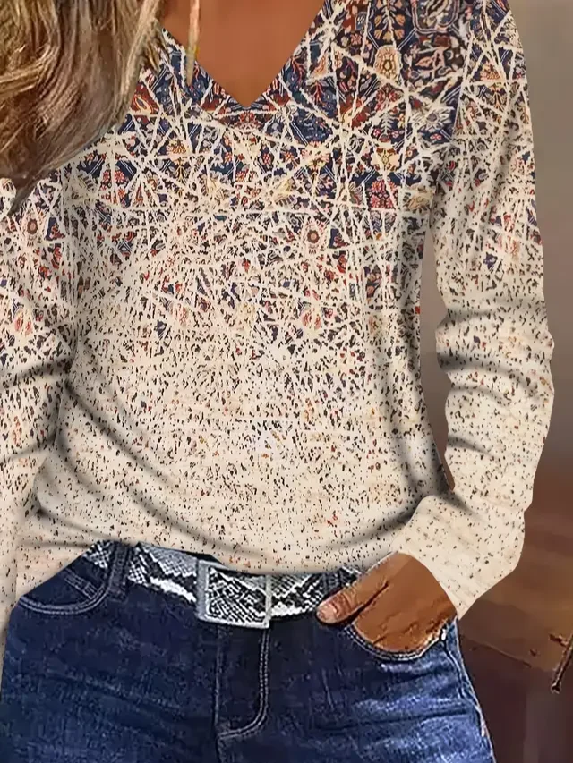 Women's Long Sleeve T-shirt Spring/Fall Khaki Abstract Printing Jersey V Neck Daily Going Out Casual Top