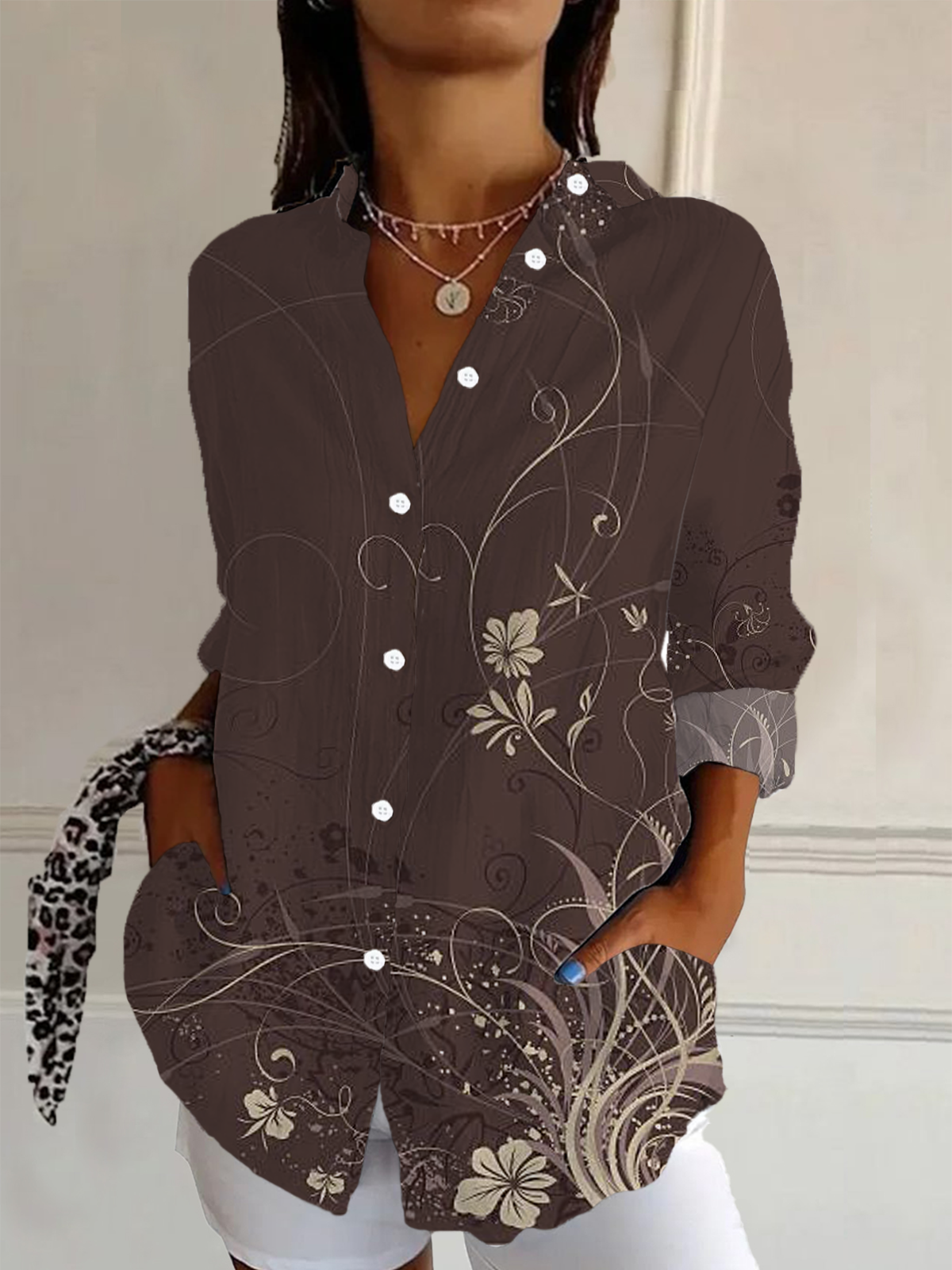 Women's Long Sleeve Shirt Spring/Fall Brown Floral Buckle Shirt Collar Regular Sleeve Daily Going Out Casual Top