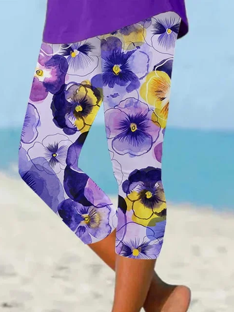 Women's  Elastic Waist H-Line Legging Daily Going Out Pants Purple Casual Printing Floral Summer Pants