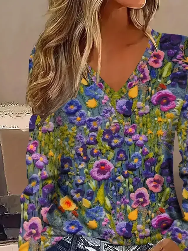 Women's Long Sleeve T-shirt Spring/Fall As Picture Floral Printing Jersey V Neck Daily Going Out Casual Top