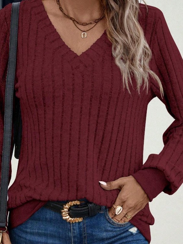 Women's Long Sleeve T-shirt Spring/Fall White Plain Split Joint V Neck Daily Sanded pit stripes Out Vintage Top