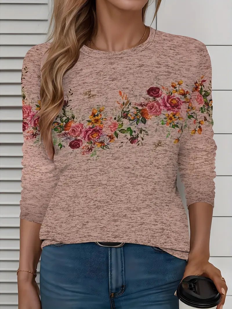 Women's Long Sleeve T-shirt Spring/Fall Dusty Pink Floral Printing Jersey Crew Neck Daily Going Out Casual Top