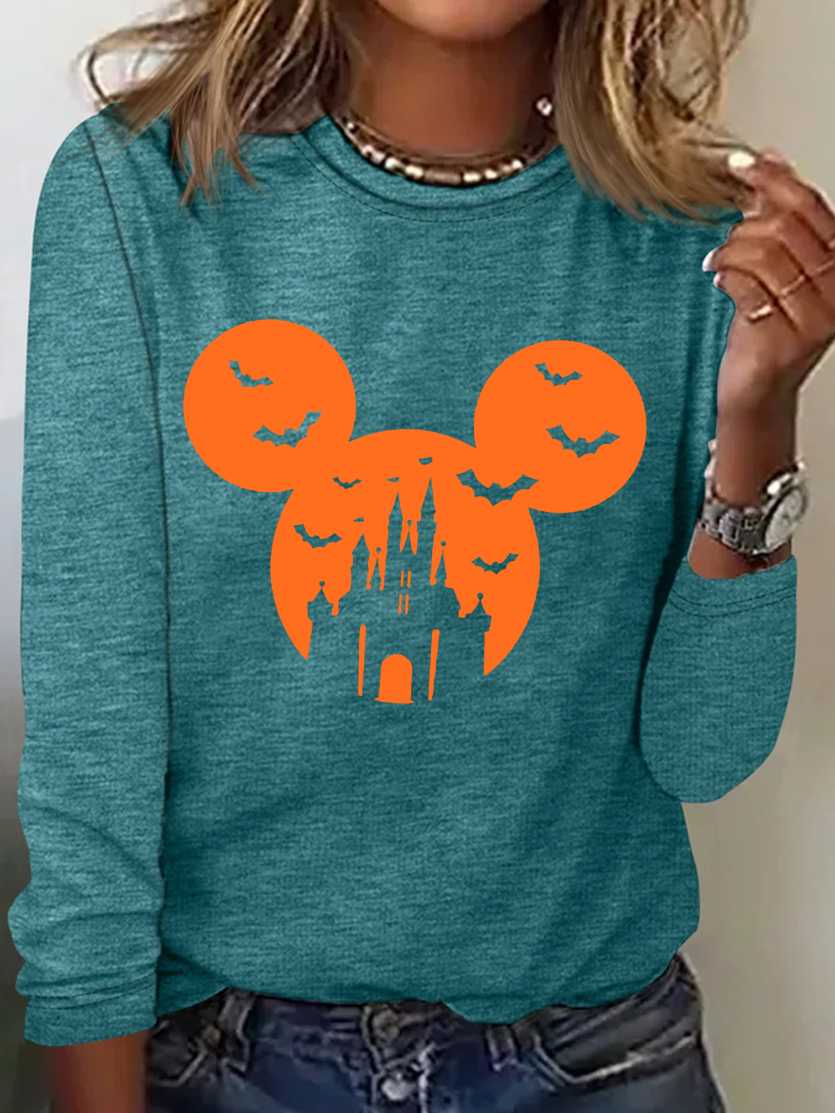 Holiday Round Neck Long Sleeve Halloween Letter Print T-Shirt
