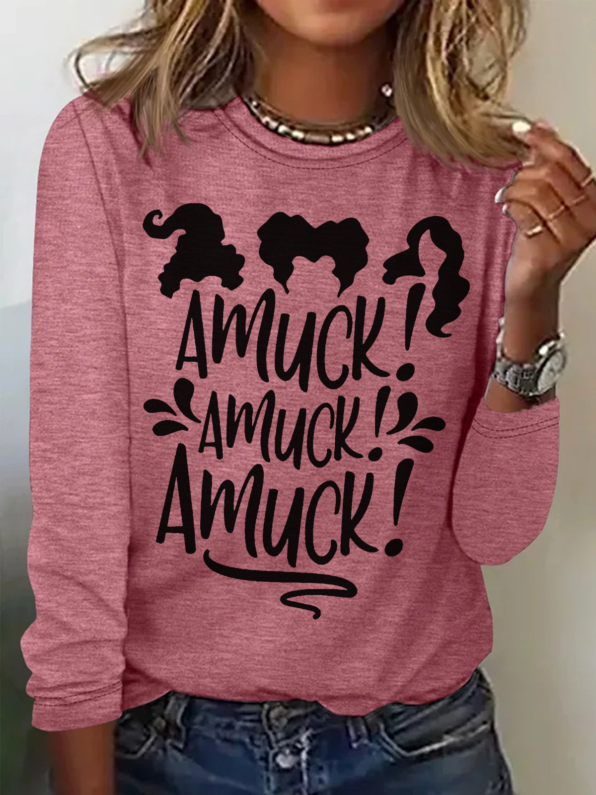 Holiday Round Neck Long Sleeve Halloween Letter Print T-Shirt