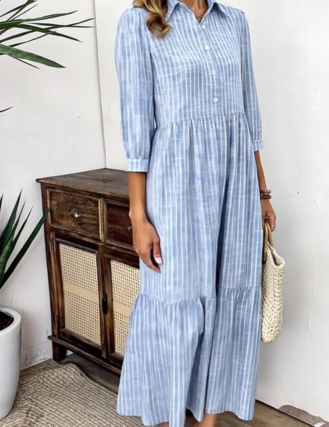 Women Striped Casual Spring/Fall Micro-Elasticity Regular Fit Maxi A-Line Regular No Dresses