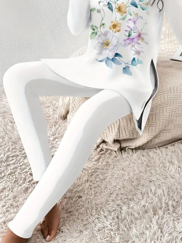 Women's Printing Floral Daily Going Out Two-Piece Set White Casual Spring/Fall Top With Pants Matching Set