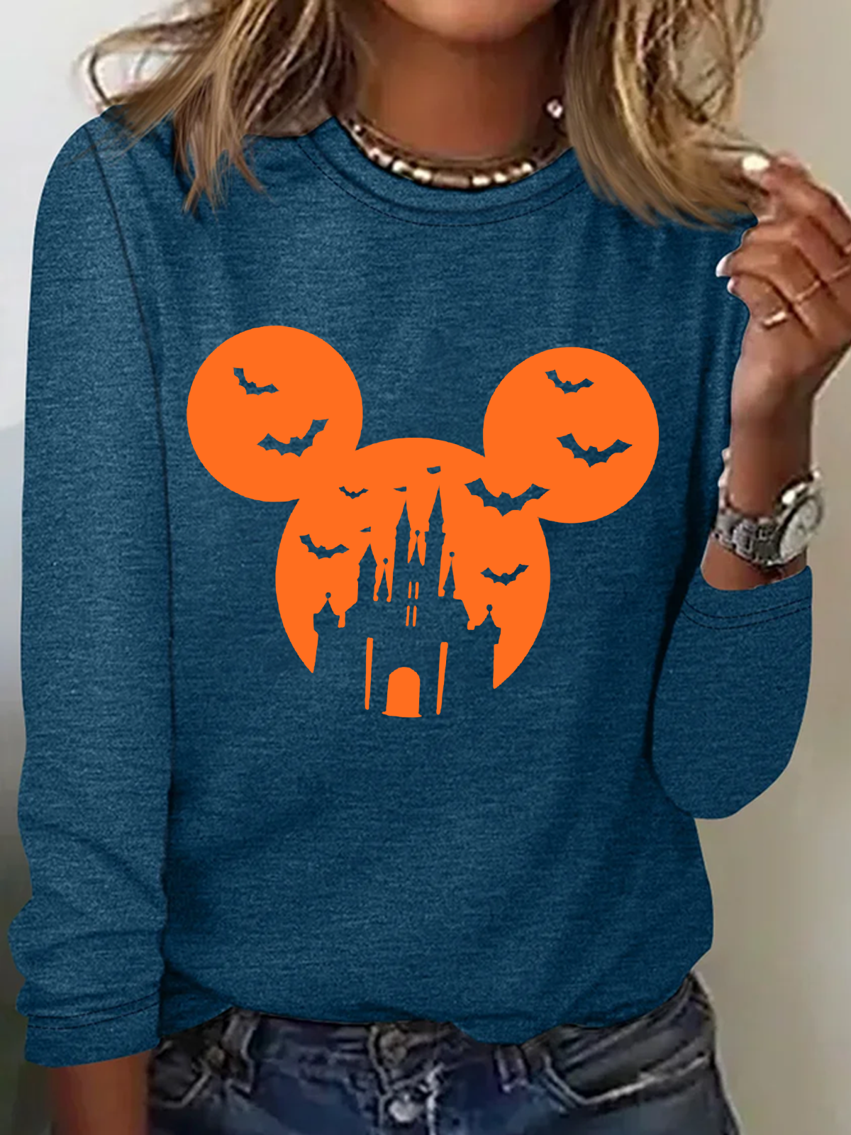 Holiday Round Neck Long Sleeve Halloween Letter Print T-Shirt