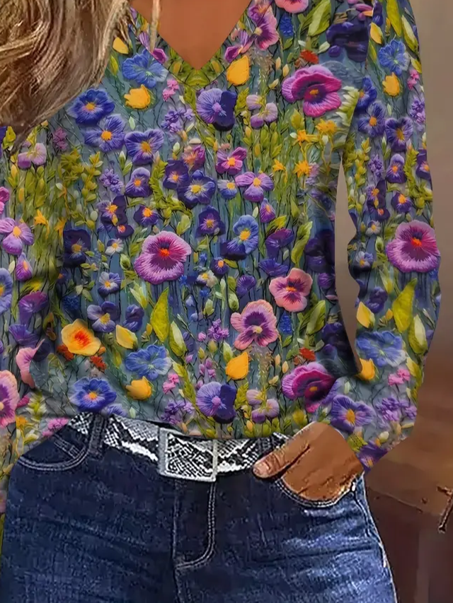 Women's Long Sleeve T-shirt Spring/Fall As Picture Floral Printing Jersey V Neck Daily Going Out Casual Top