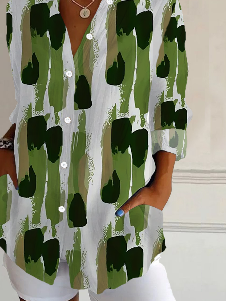 Women's Long Sleeve Shirt Spring/Fall Green Abstract Buckle Shirt Collar Regular Sleeve Daily Going Out Casual Top