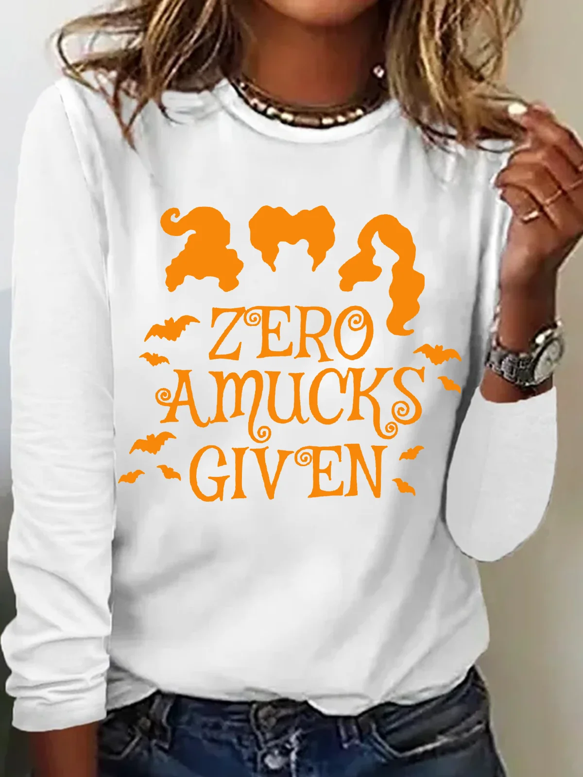 Holiday Round Neck Long Sleeve Halloween Letter Print T-Shirt