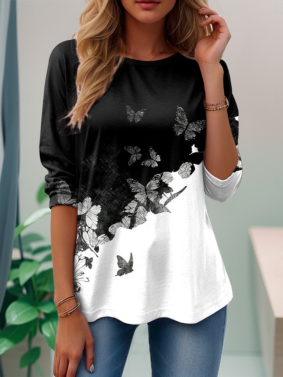 Women's Butterfly Flora Pattern Round Neck Long Sleeve T-Shirt