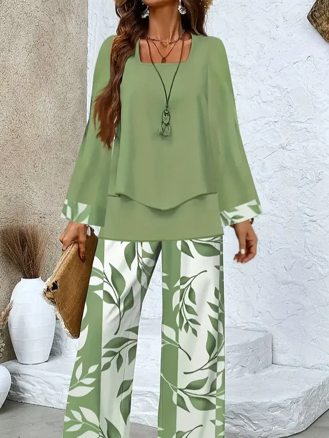 Women's Printing Floral Daily Going Out Two-Piece Set Green Casual Spring/Fall Top With Pants Matching Set