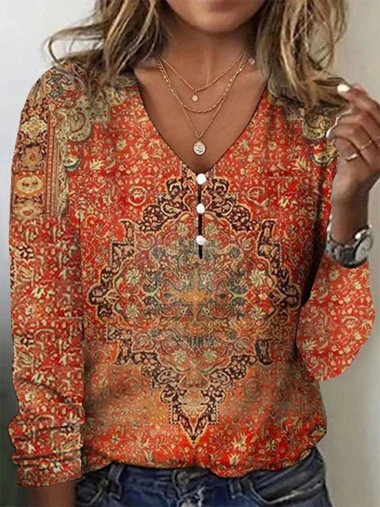 Women's Long Sleeve T-shirt Spring/Fall Red Geometric Printing V Neck Daily Going Out Vintage Top