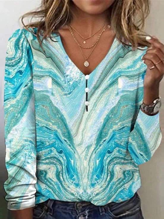 Women's Long Sleeve T-shirt Spring/Fall Red Geometric Printing V Neck Daily Going Out Vintage Top