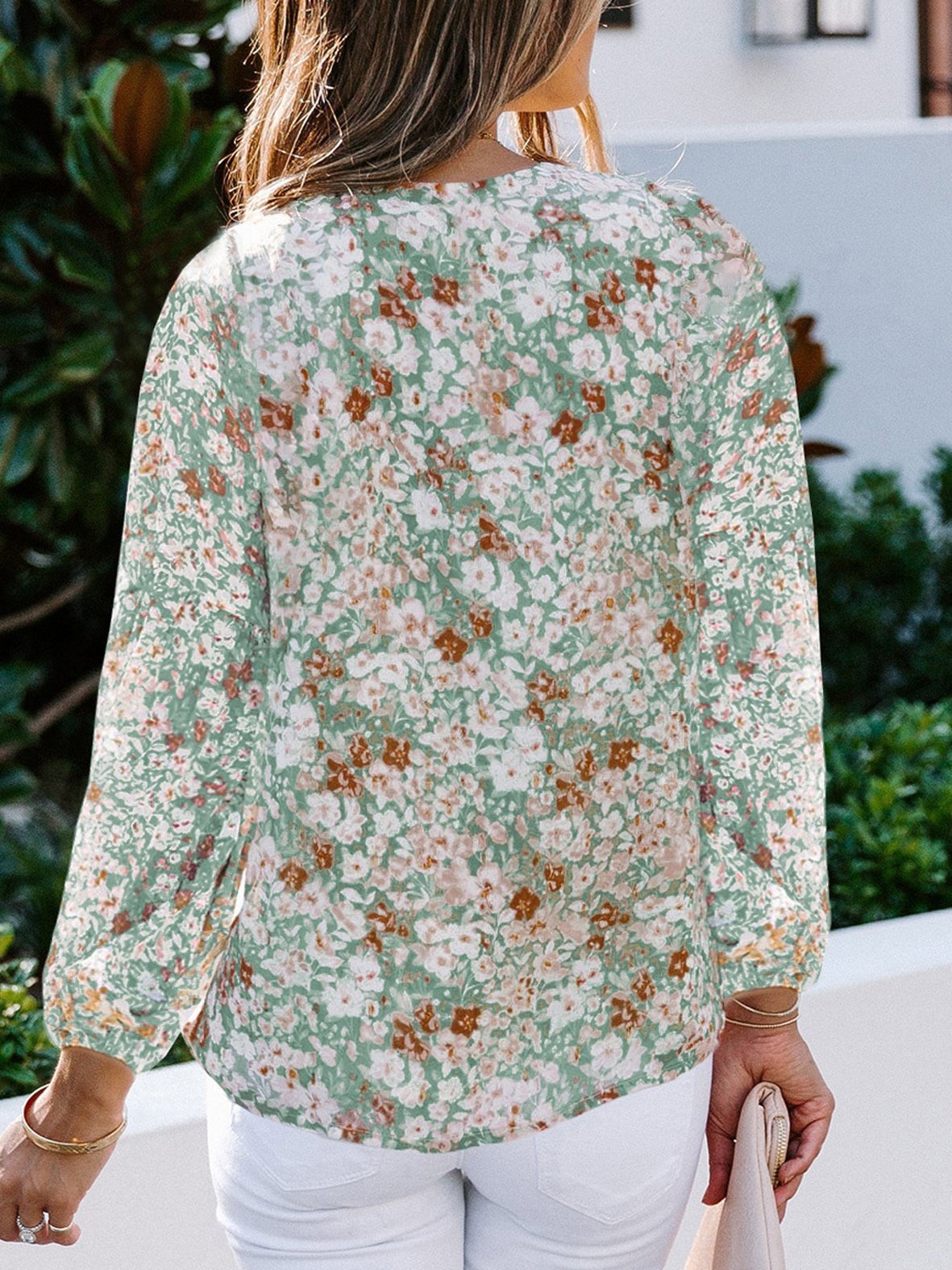 Women's Long Sleeve Shirt Spring/Fall Green Floral Split Joint V Neck Balloon Sleeve Daily Going Out Casual Top