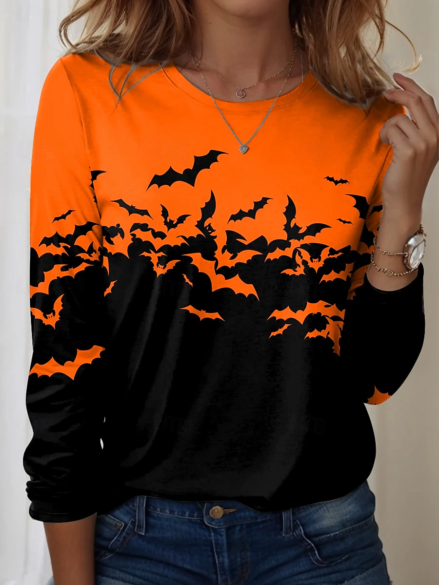 Halloween Women's Abstract Vintage Long Sleeve Crew Neck T-Shirt